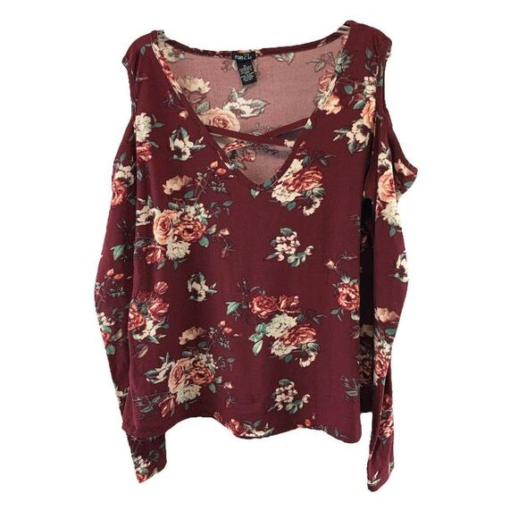 Rue 21 Womens Floral Blouse Size XL Cold Shoulder Long Sleeve V-Neck Stretch - Picture 1 of 7
